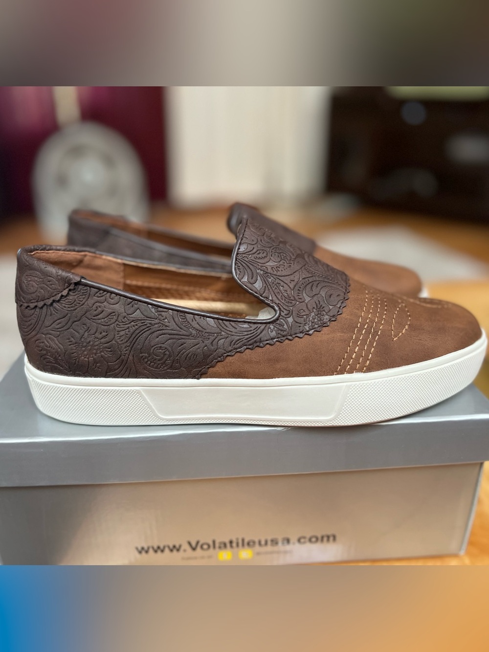 Volatile Chocolate Brown Embossed Slip-On Sneakers